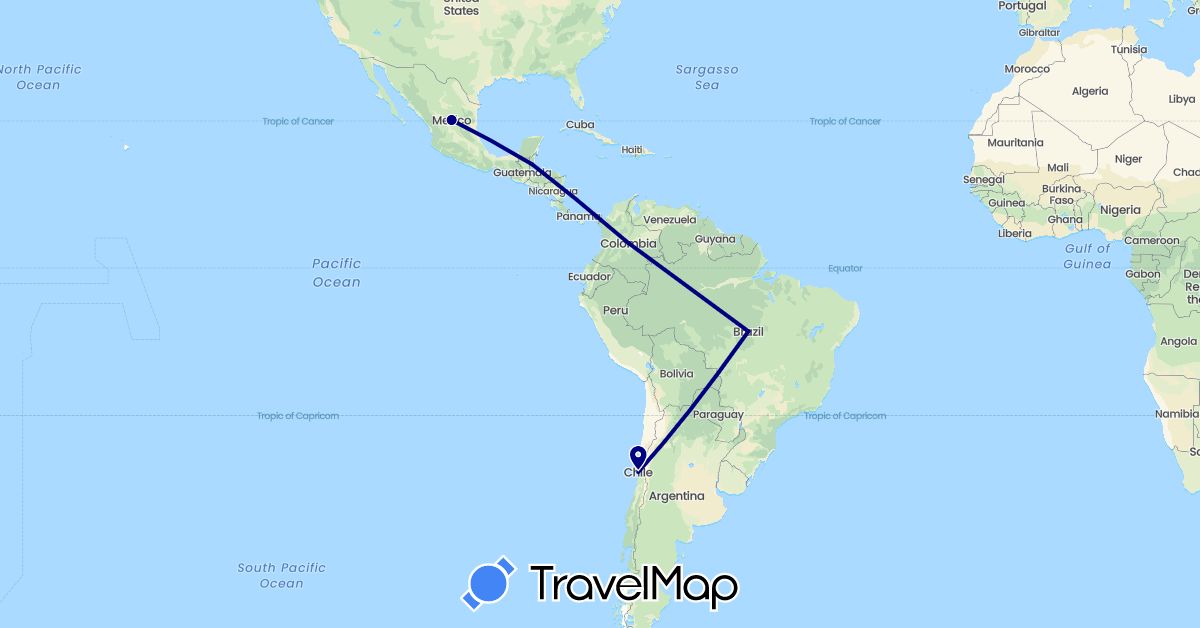 TravelMap itinerary: driving in Brazil, Belize, Chile, Colombia, Mexico (North America, South America)